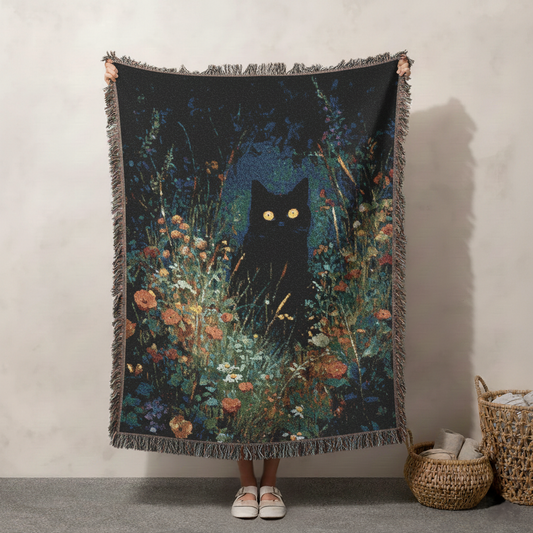 Mystic Black Cat Woven Blanket, Floral Garden Tapestry Throw, Cozy Cottagecore Cat Lover Gift, Boho Home Decor Blanket, Bed Sofa Cover