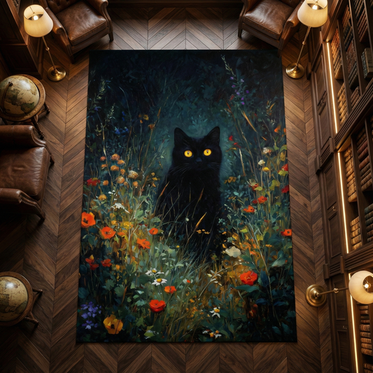 Black Cat Area Rug, Dark Cottagecore Wildflower Accent Carpet, Moody Botanical Home Decor, Witchy Academia Cat Lover Gift