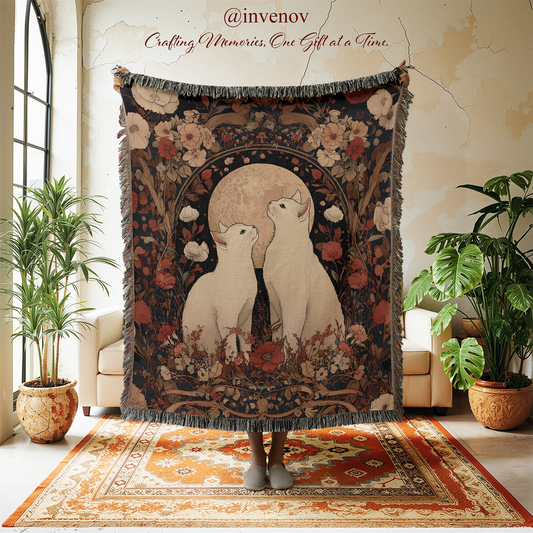 Decorative tapestry with two cats and floral patterns in a room with plants and furniture.