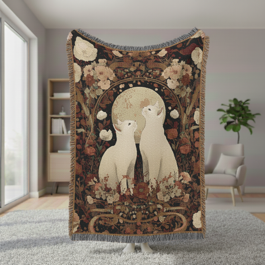 Art Nouveau Cats Woven Blanket, Celestial Moon Tapestry Throw, Witchy Cottagecore Decor, Two White Cats Floral Blanket, Gothic Sofa Throw
