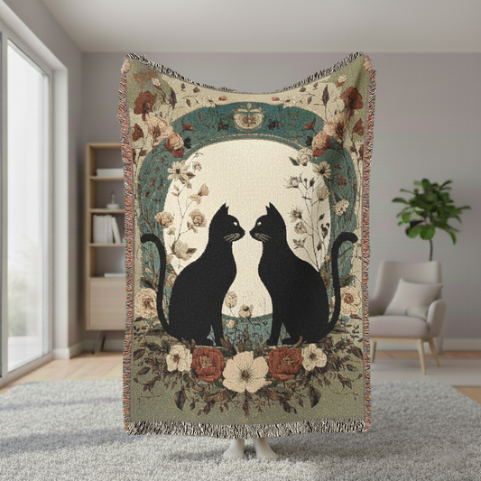 Black Cat Woven Blanket, Floral Tapestry Wall Hanging, Vintage Cottagecore Throw, Romantic Cat Lover Gift for Her, Dark Academia Decor