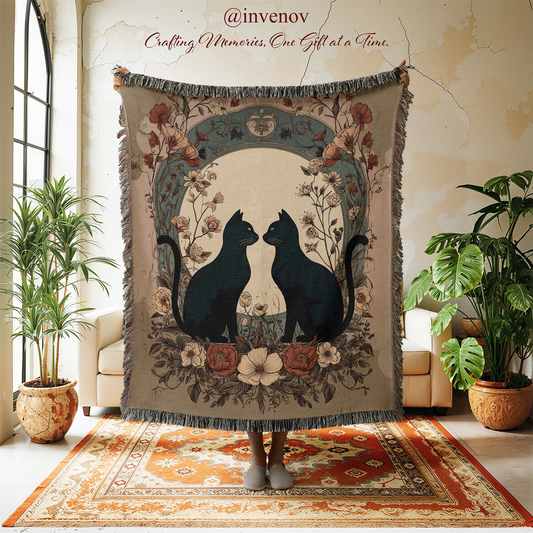Decorative blanket with cat design in a room with plants and furniture.