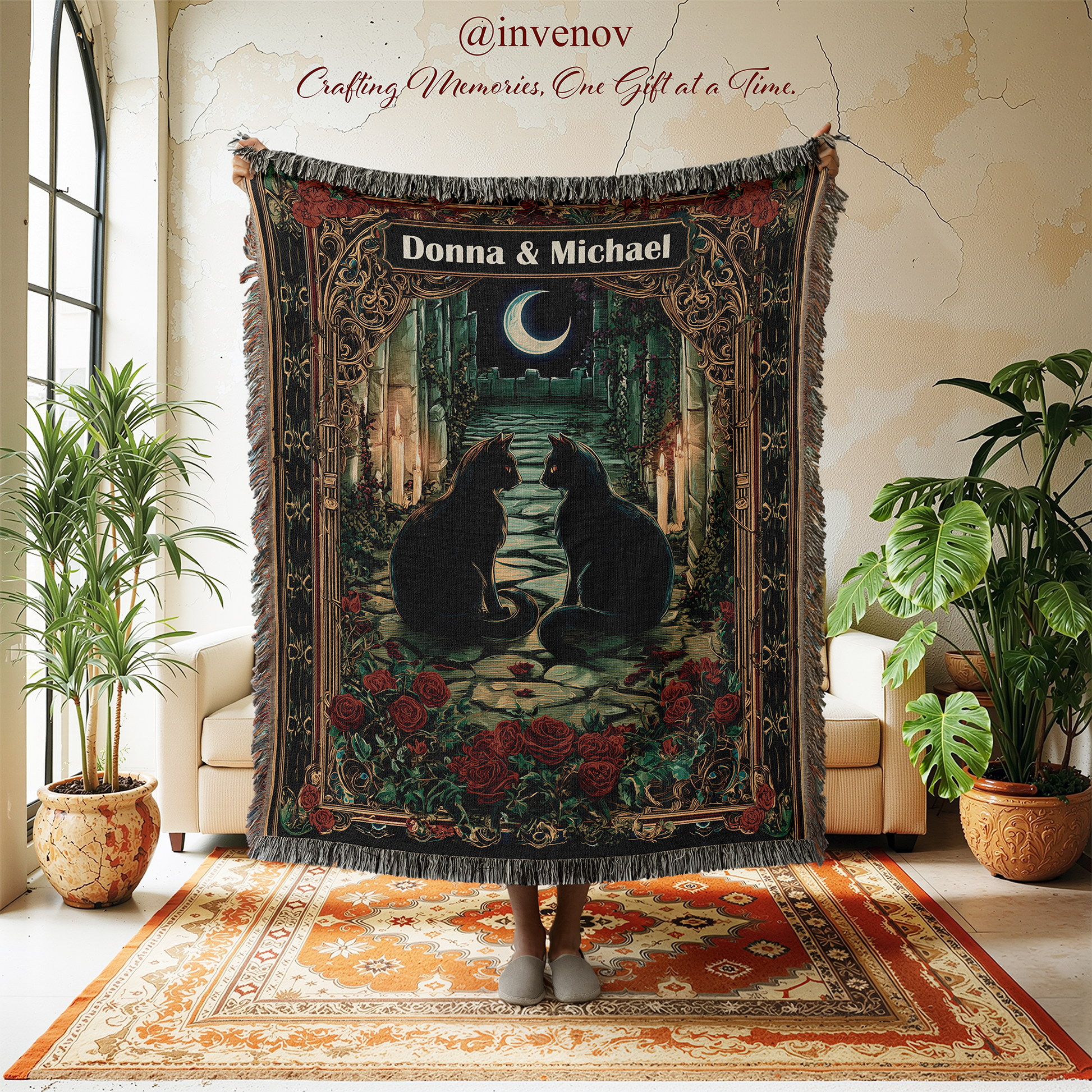 Decorative tapestry with two cats and floral design, featuring personalized name  in a room with plants and furniture.