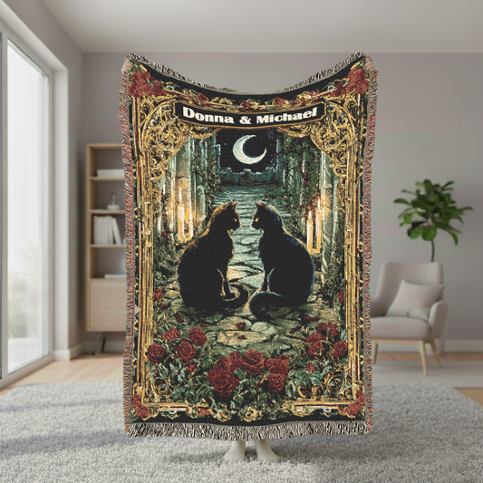 Personalized Black Cat Woven Blanket, Custom Couple Names Tapestry, Gothic Wedding Gift, Romantic Anniversary Throw, Cat Lover Home Decor
