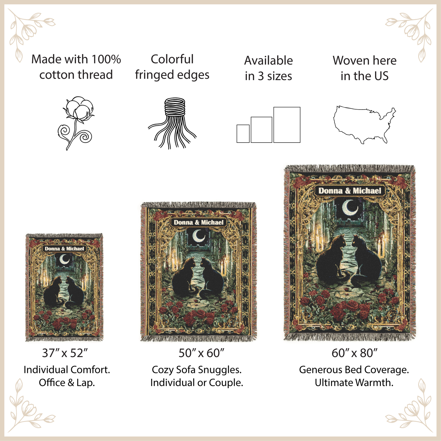 Woven tapestries with cats and moon design, featuring size options and product details.