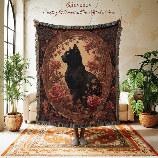 Decorative throw blanket with a black cat design in a room with plants and furniture.