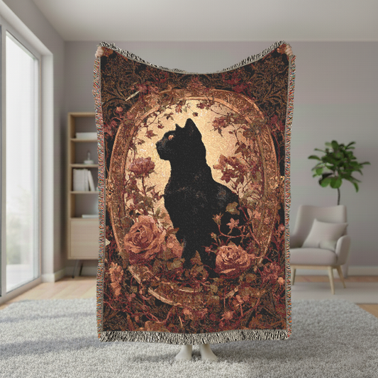 Black Cat Woven Blanket, Gothic Rose Tapestry Wall Hanging, Vintage Floral Throw, Dark Academia Decor, Witchy Cat Lover Gift