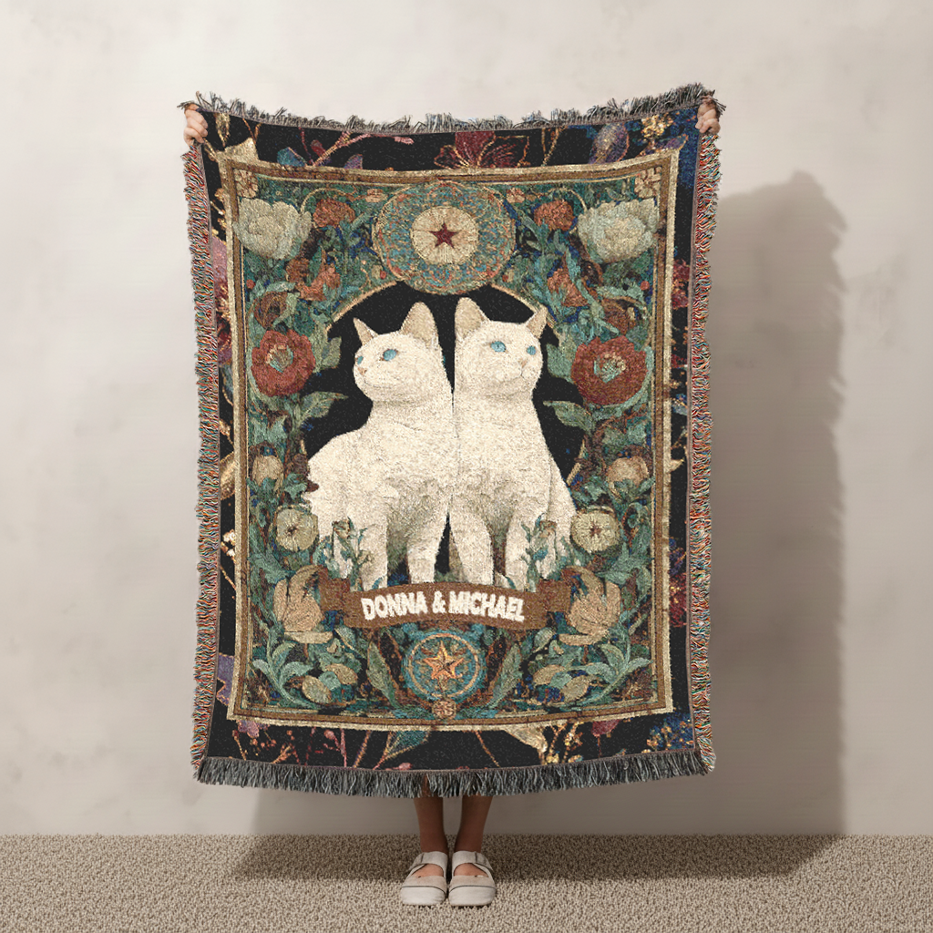 Personalized Cat Woven Blanket, Custom Couple Names Tapestry, Art Nouveau Wedding Gift, Jacquard Throw, Celestial White Cat Lover Decor