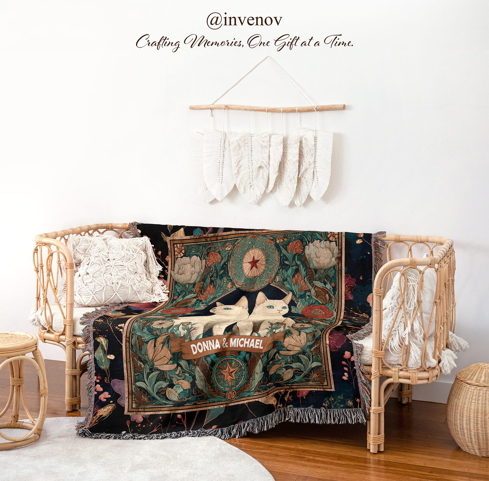 Decorative blanket with personalized text on a wooden bench