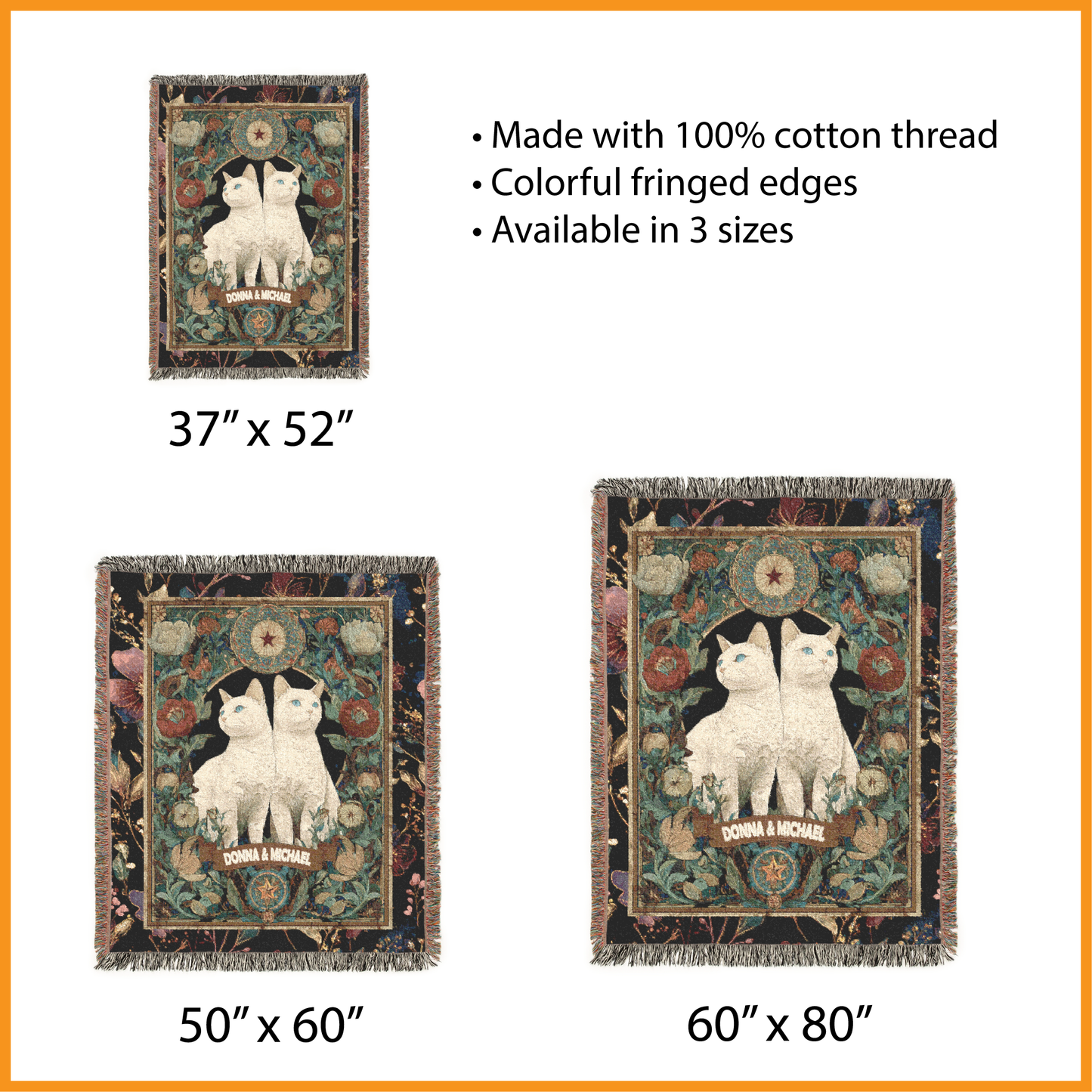 Personalized Cat Woven Blanket, Custom Couple Names Tapestry, Art Nouveau Wedding Gift, Jacquard Throw, Celestial White Cat Lover Decor