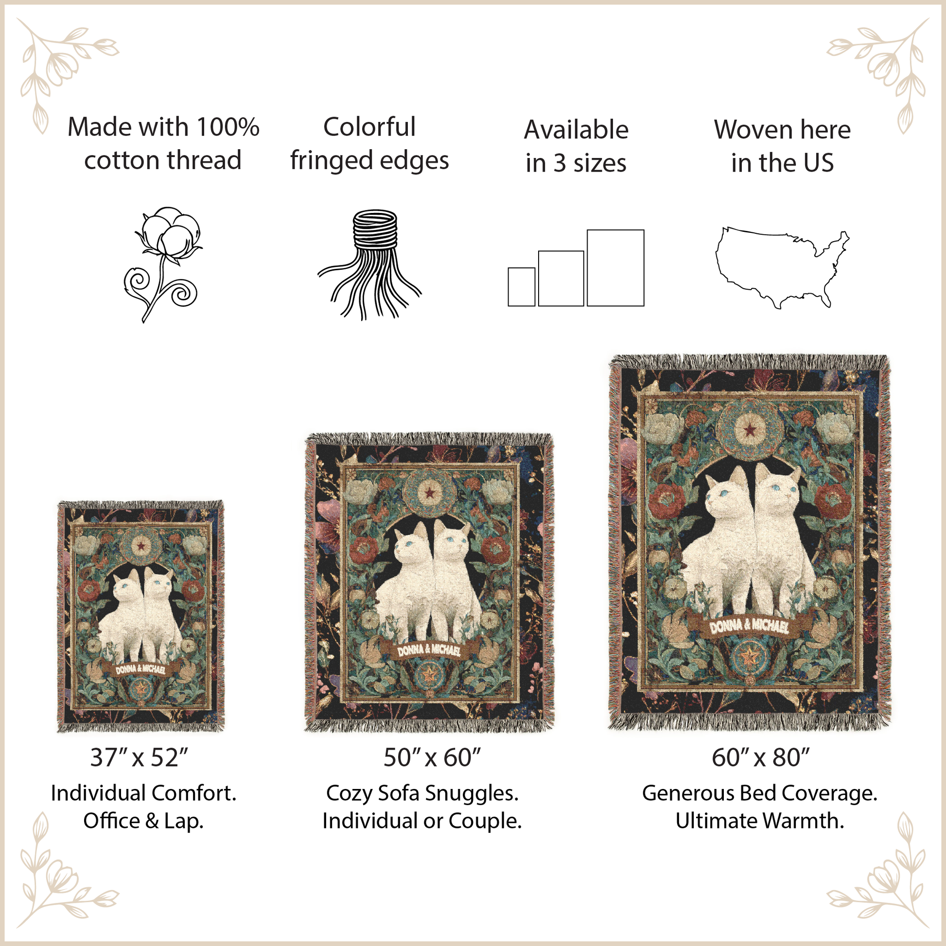 Three cat-themed tapestries with dimensions and features listed on a beige background.