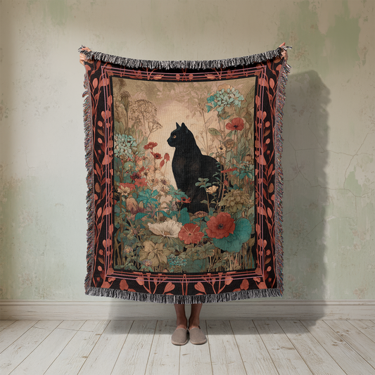Black Cat Woven Blanket, Vintage Style Tapestry Wall Hanging, Cottagecore Garden Jacquard Throw, Dark Academia Decor, Floral Cat Lover Gift