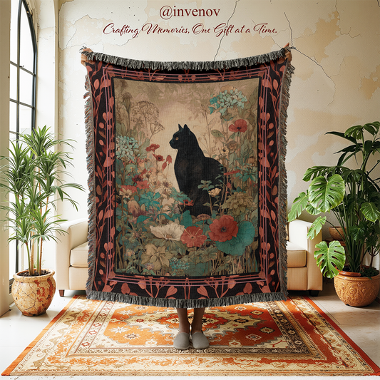 Decorative throw blanket with a black cat and floral design draped over a person in a room with plants and a rug.
