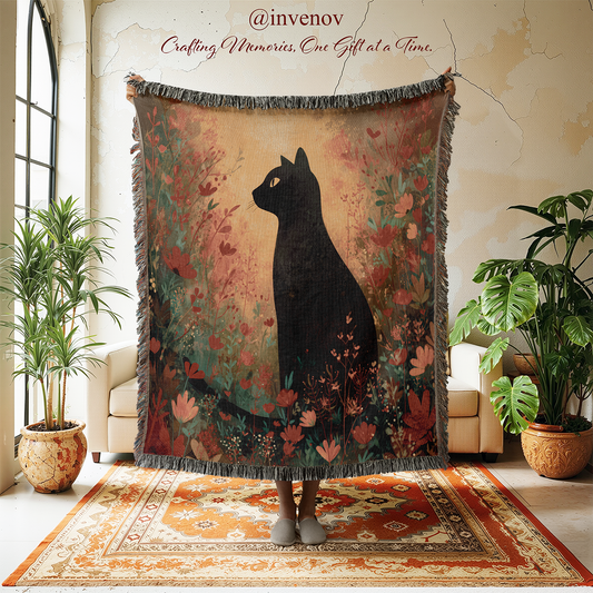 Decorative throw blanket with a black cat design in a room with plants and furniture.