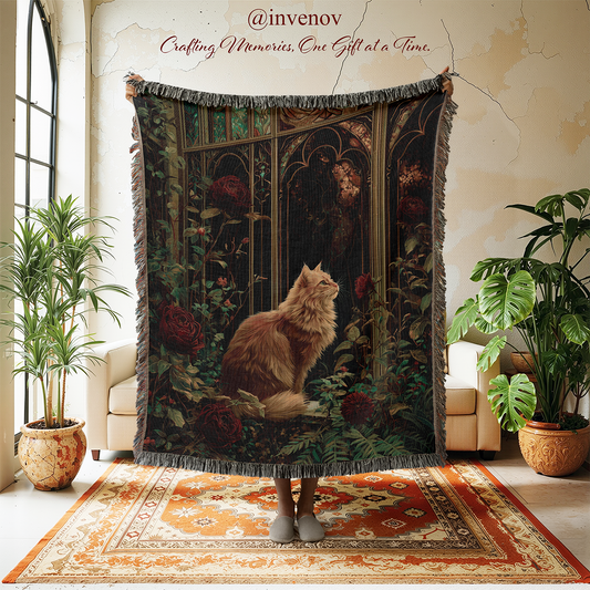 Person holding a tapestry with a cat and bird design in a room with plants and furniture.