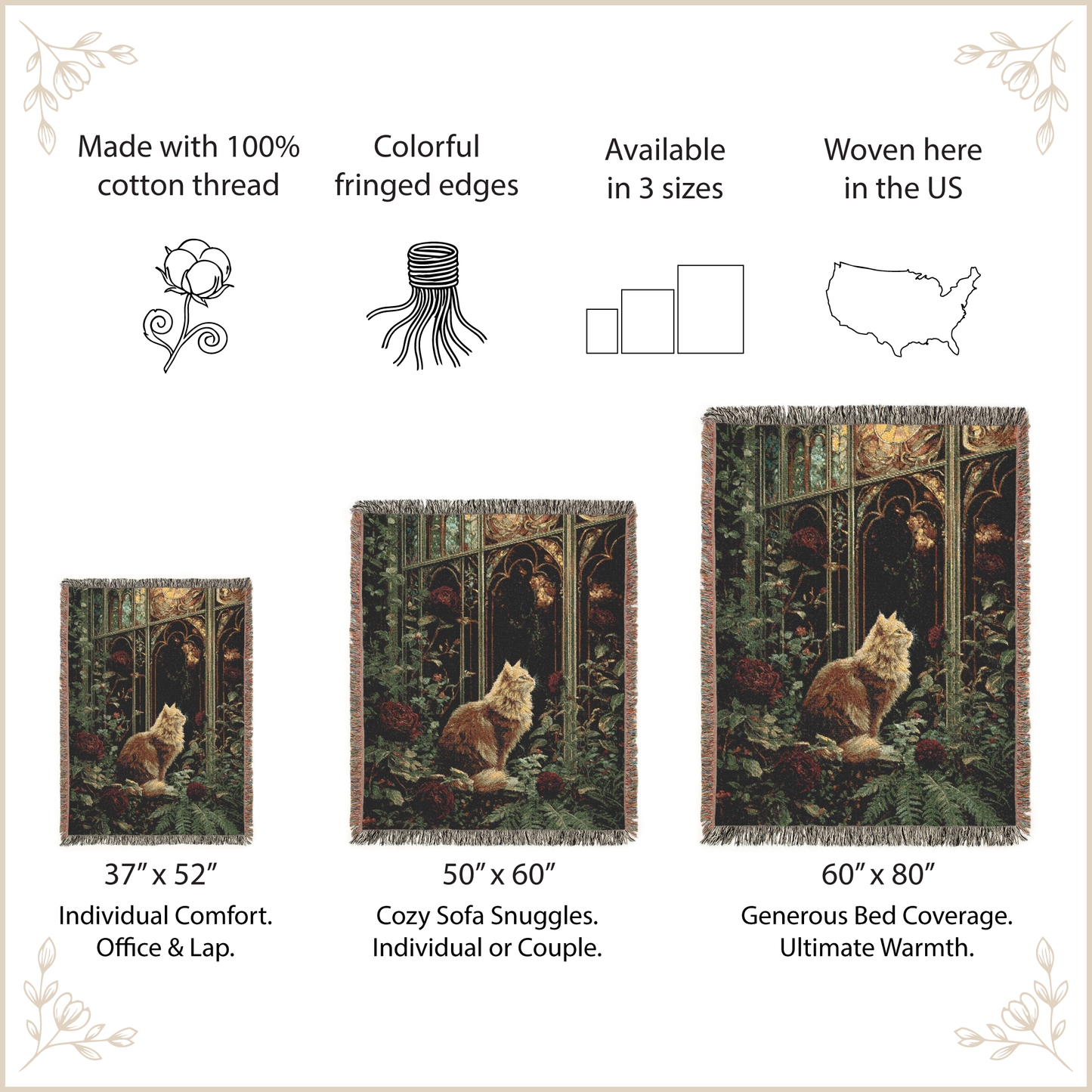 Three sizes of woven blankets with cats in a forest design, featuring text about product details.