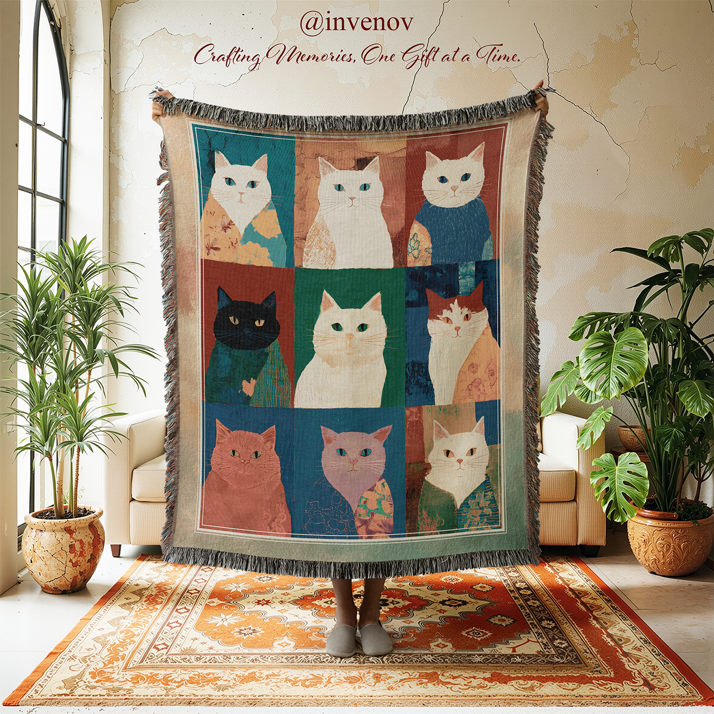 Decorative blanket with cat designs in a room with plants and furniture.