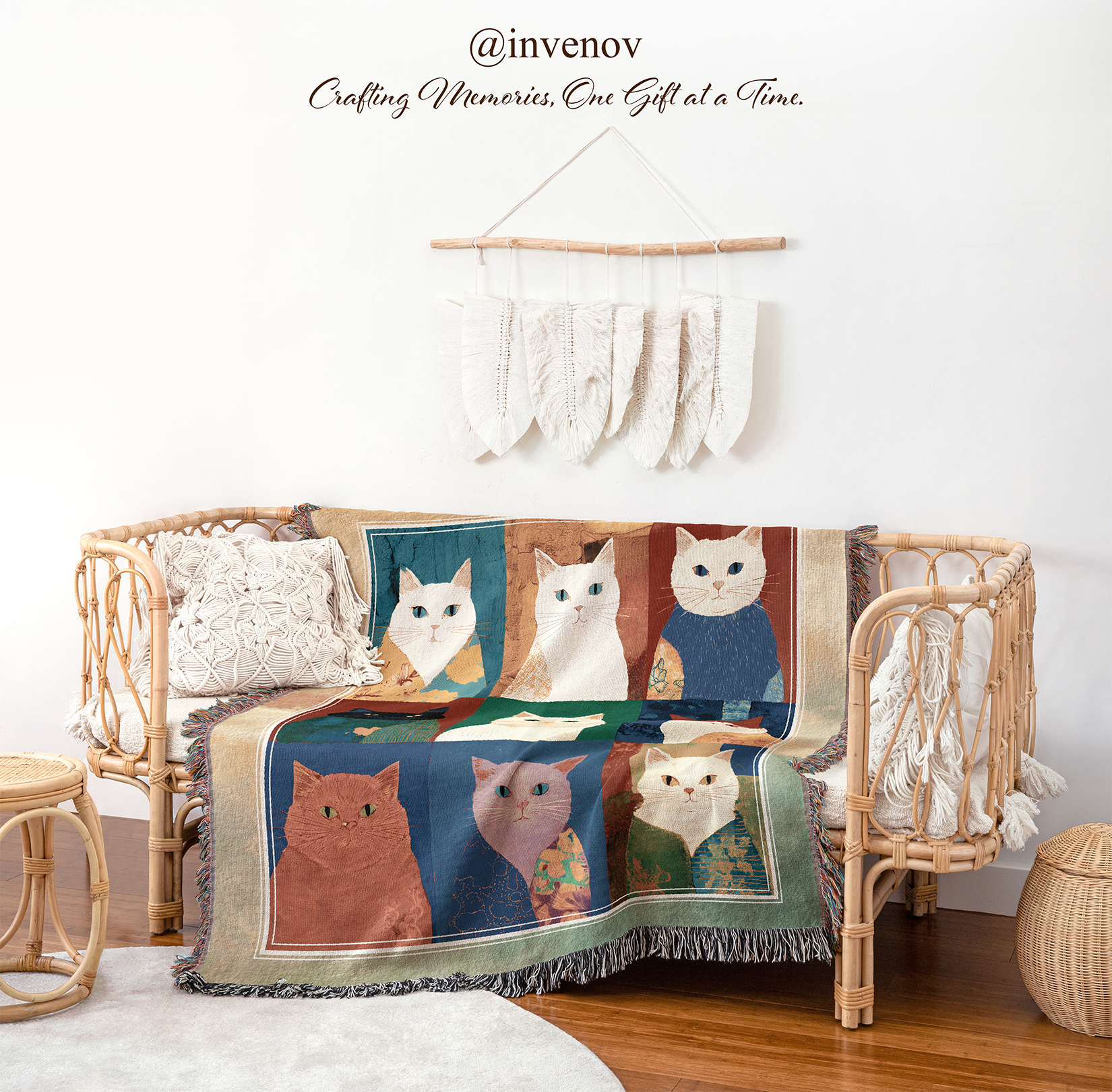 Decorative blanket with cat designs on a wicker chair