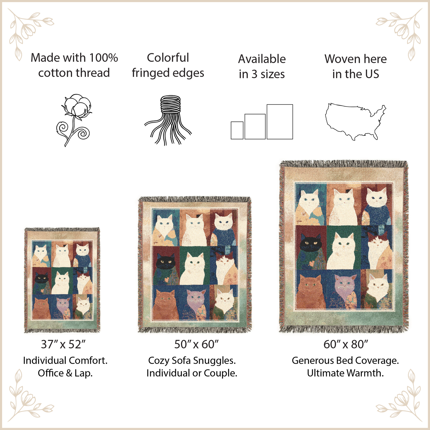 Cat-themed woven blankets with size options and features listed.
