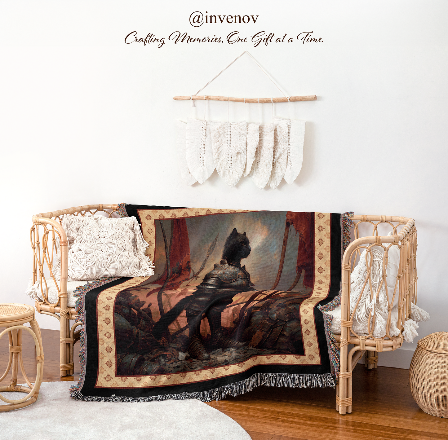 Decorative blanket with a black cat design on a wooden chair