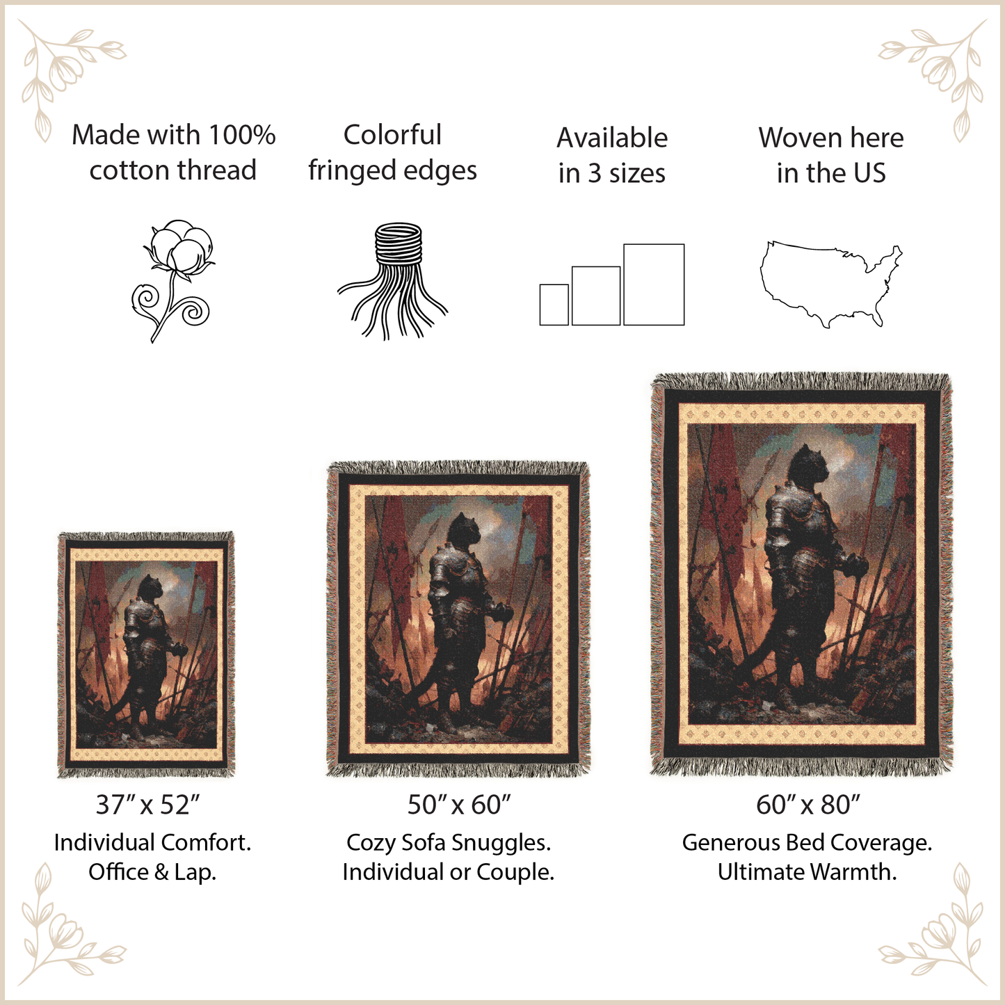 Product description of woven tapestries with dimensions and features on a beige background.