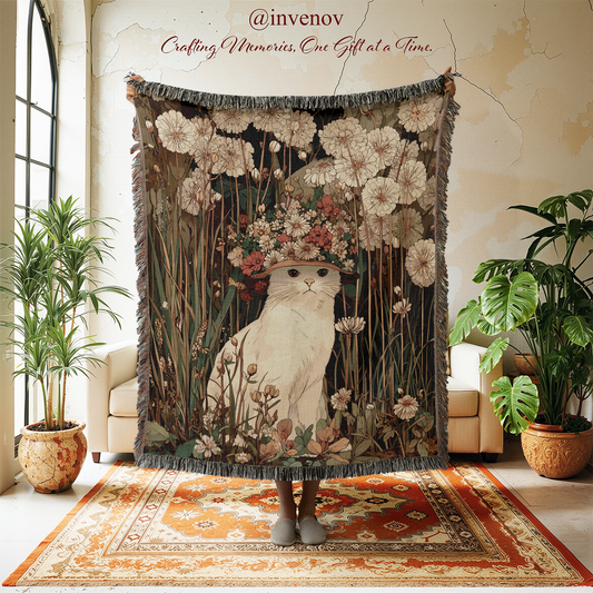 Decorative tapestry with a cat and floral design hanging in a room with plants and furniture.