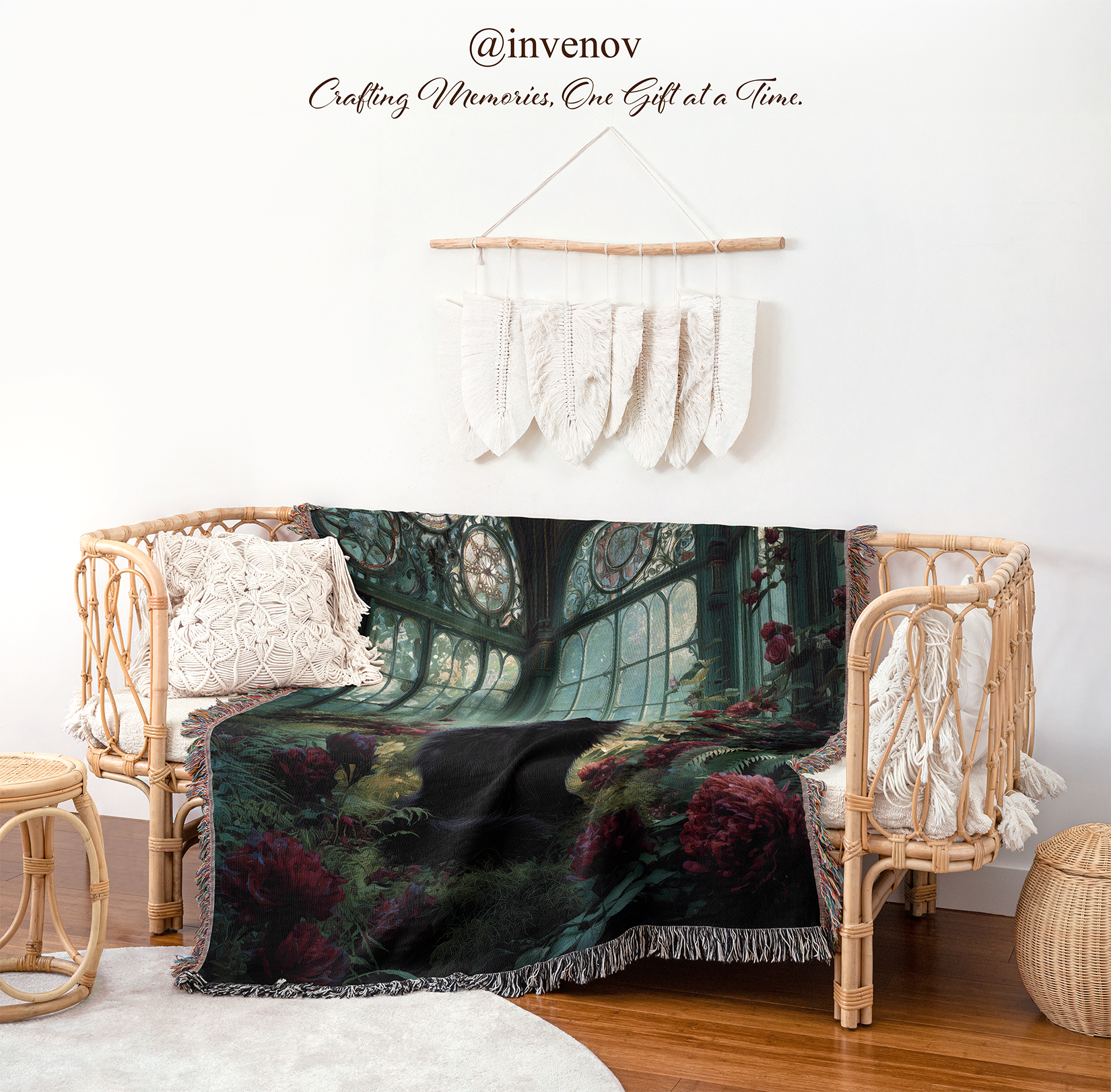 Decorative blanket with a fantasy design draped over a wicker chair in a room.