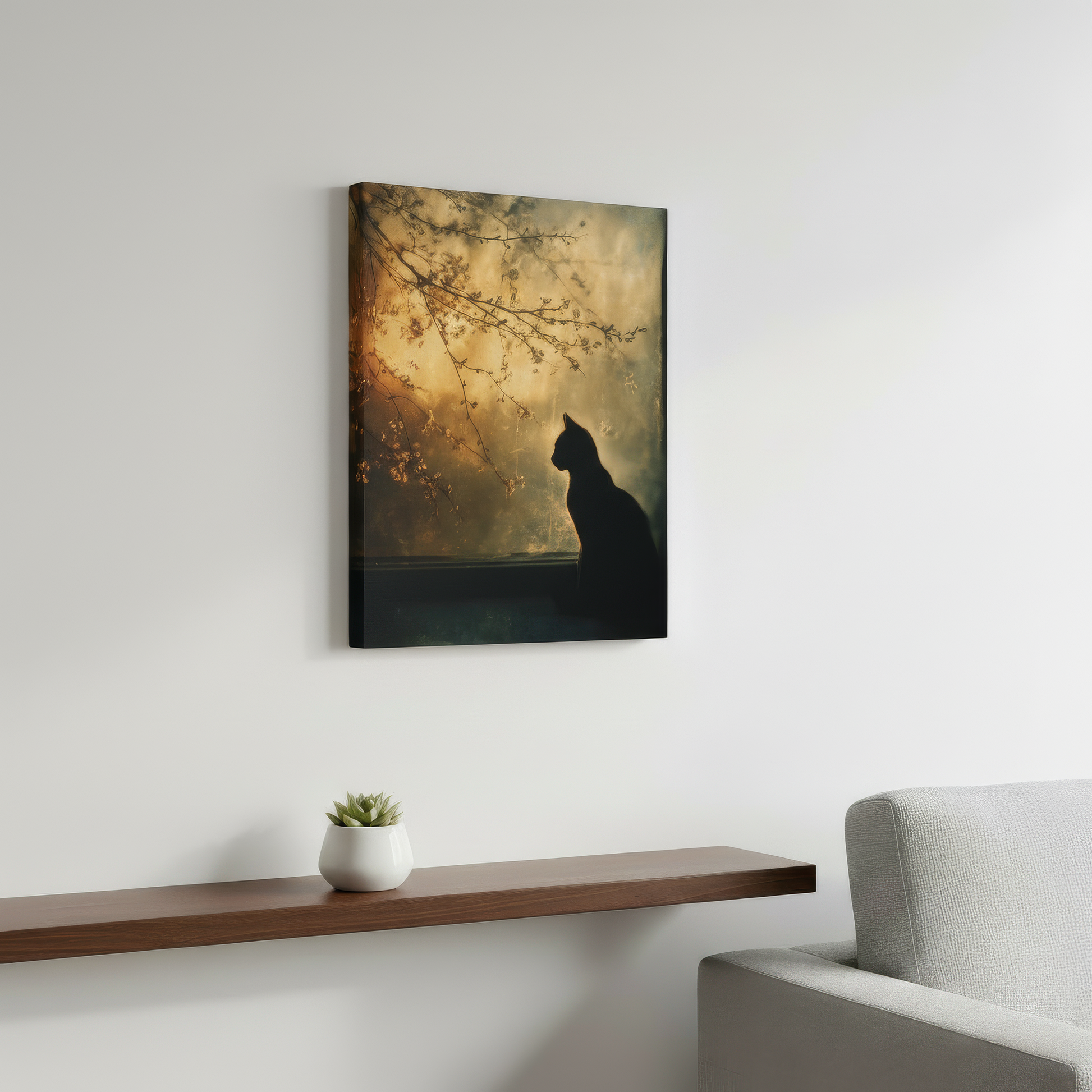 Canvas print of a cat silhouette against a tree with a white wall and wooden shelf in the foreground.