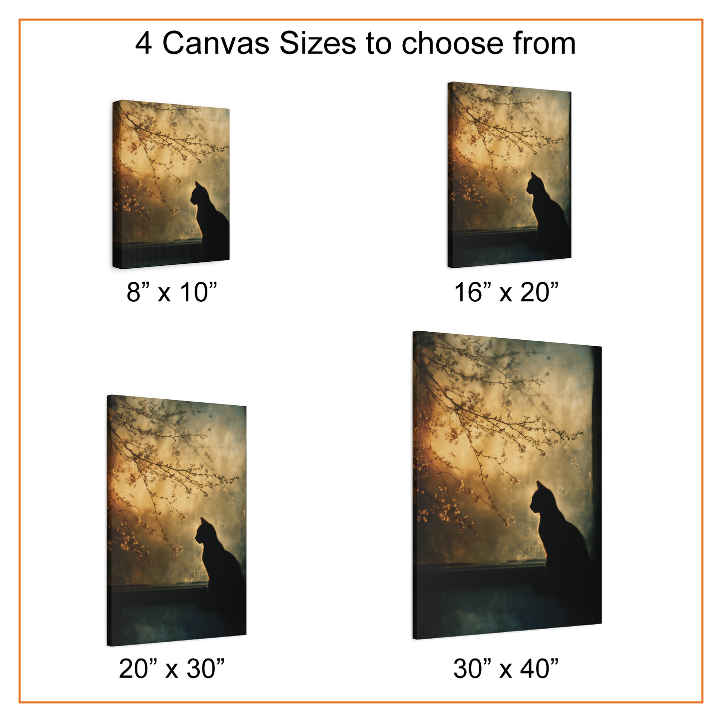 Canvas prints of a silhouette of a cat under a tree with text indicating different sizes.