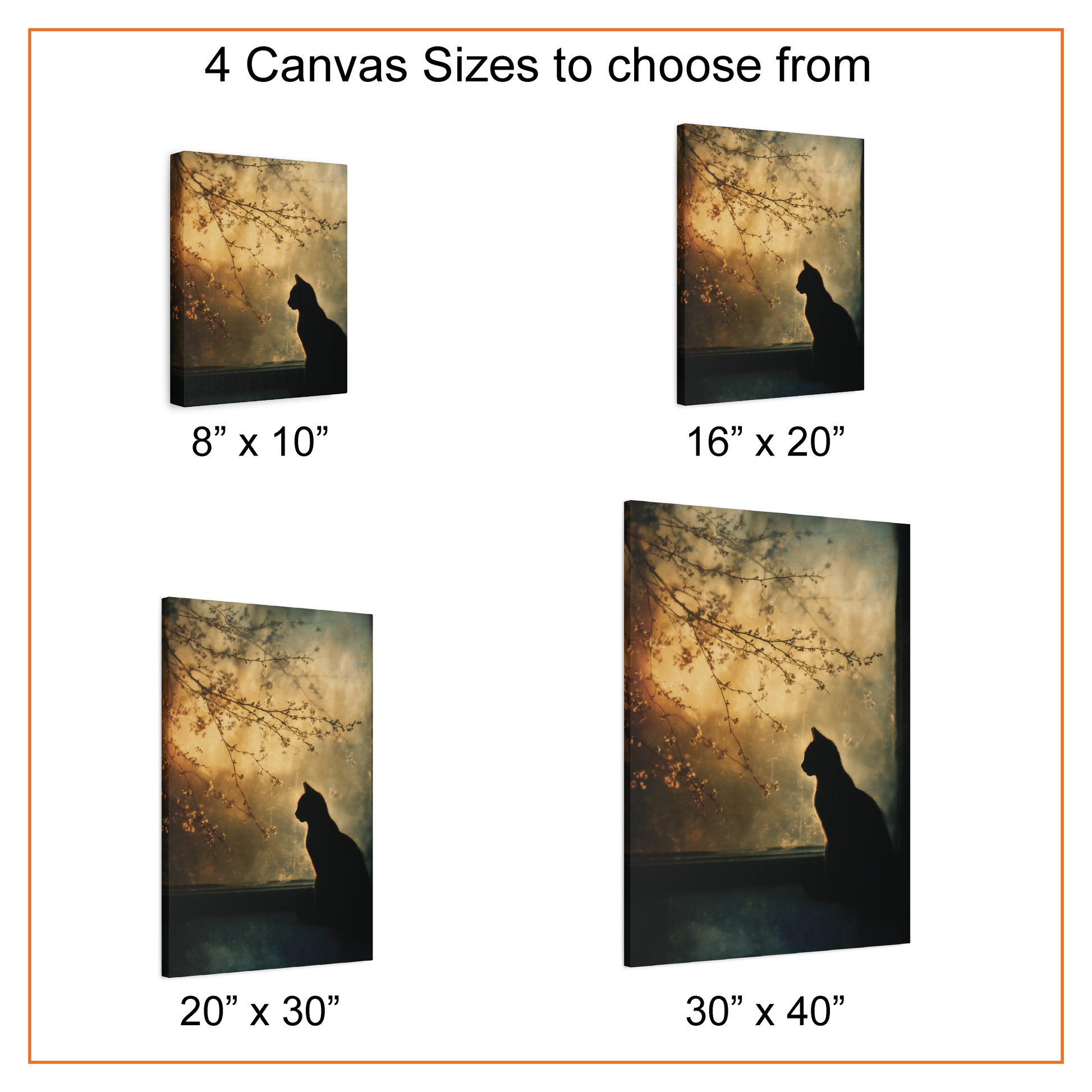 Canvas prints of a silhouette of a cat under a tree with text indicating different sizes.