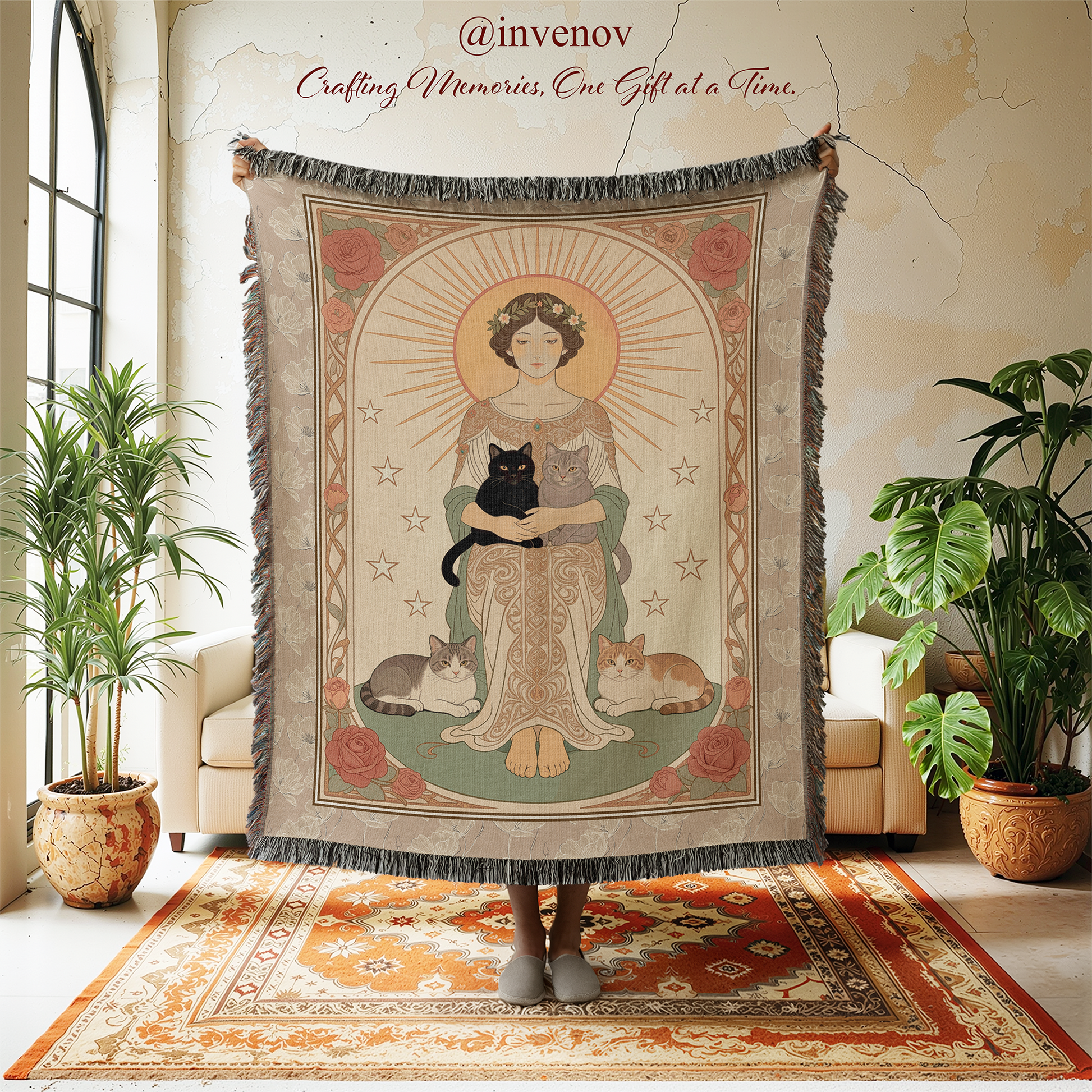Decorative tapestry with a woman holding a black cat, surrounded by other cats, in a room with plants and furniture.