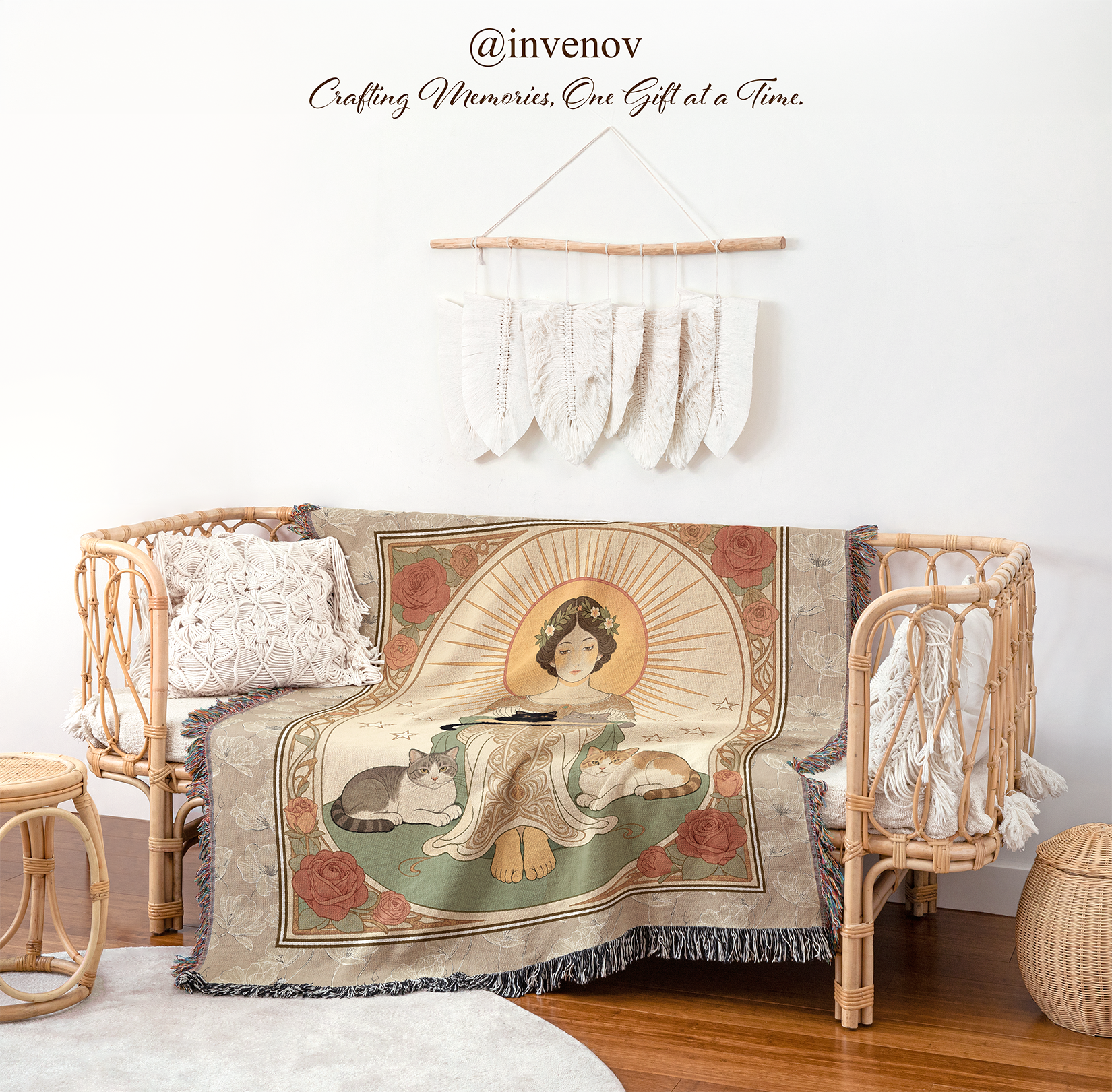 A bohemian-style woven throw blanket with a vintage illustration of a woman, cats, and roses, draped over a rattan daybed in a styled room setting.