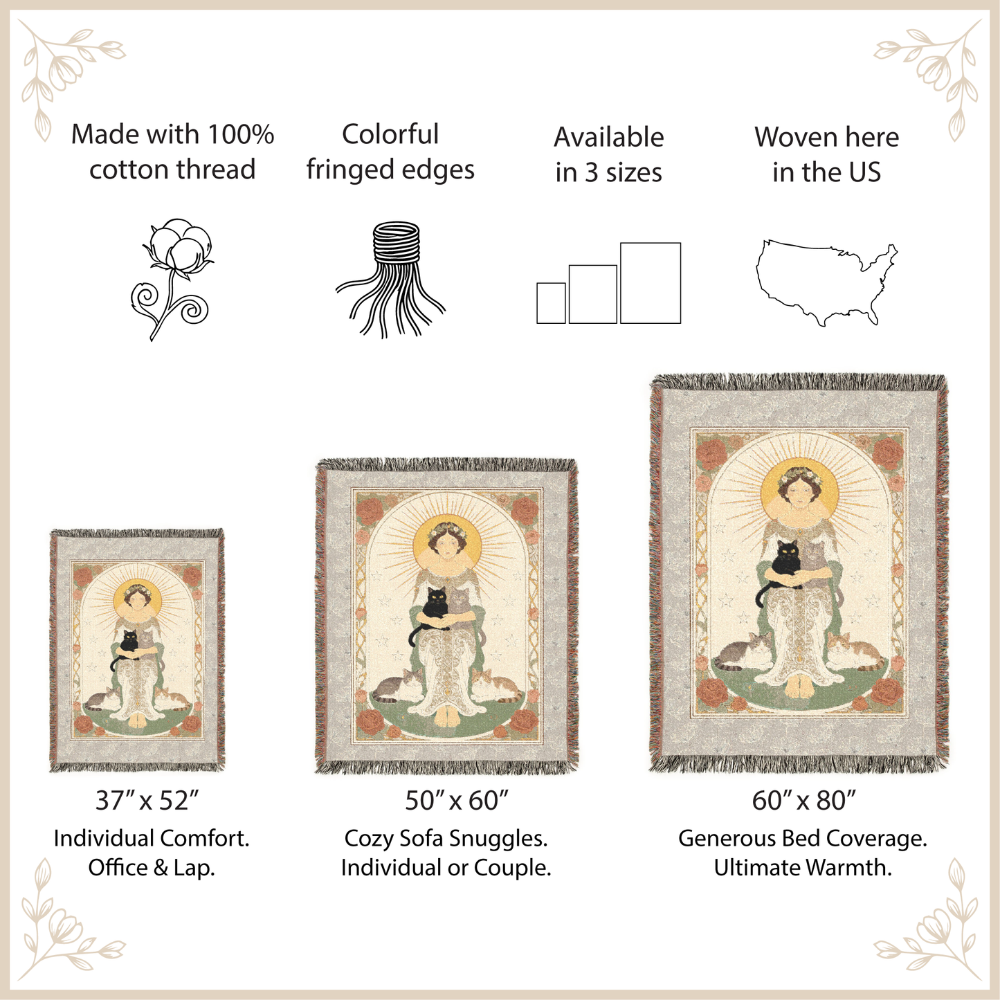 Woven art piece with fringed edges, displayed with size options and product details.