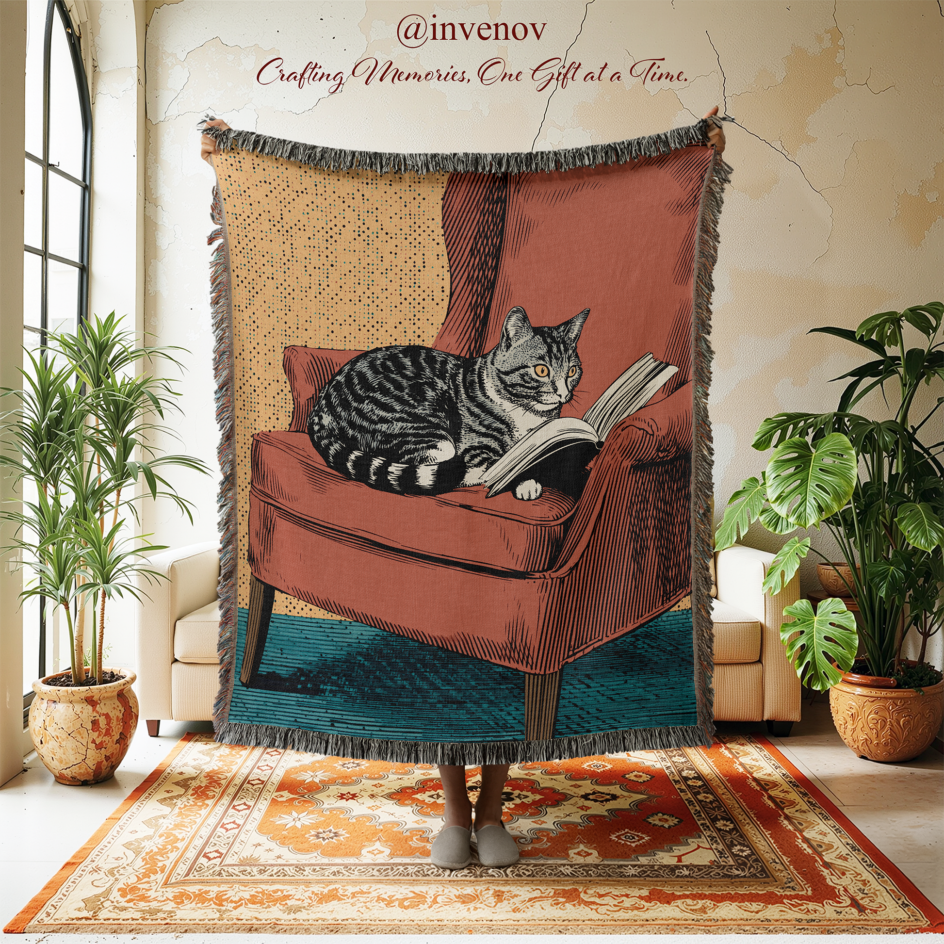 Woven blanket with a cat reading a book design, displayed in a room with plants and furniture.