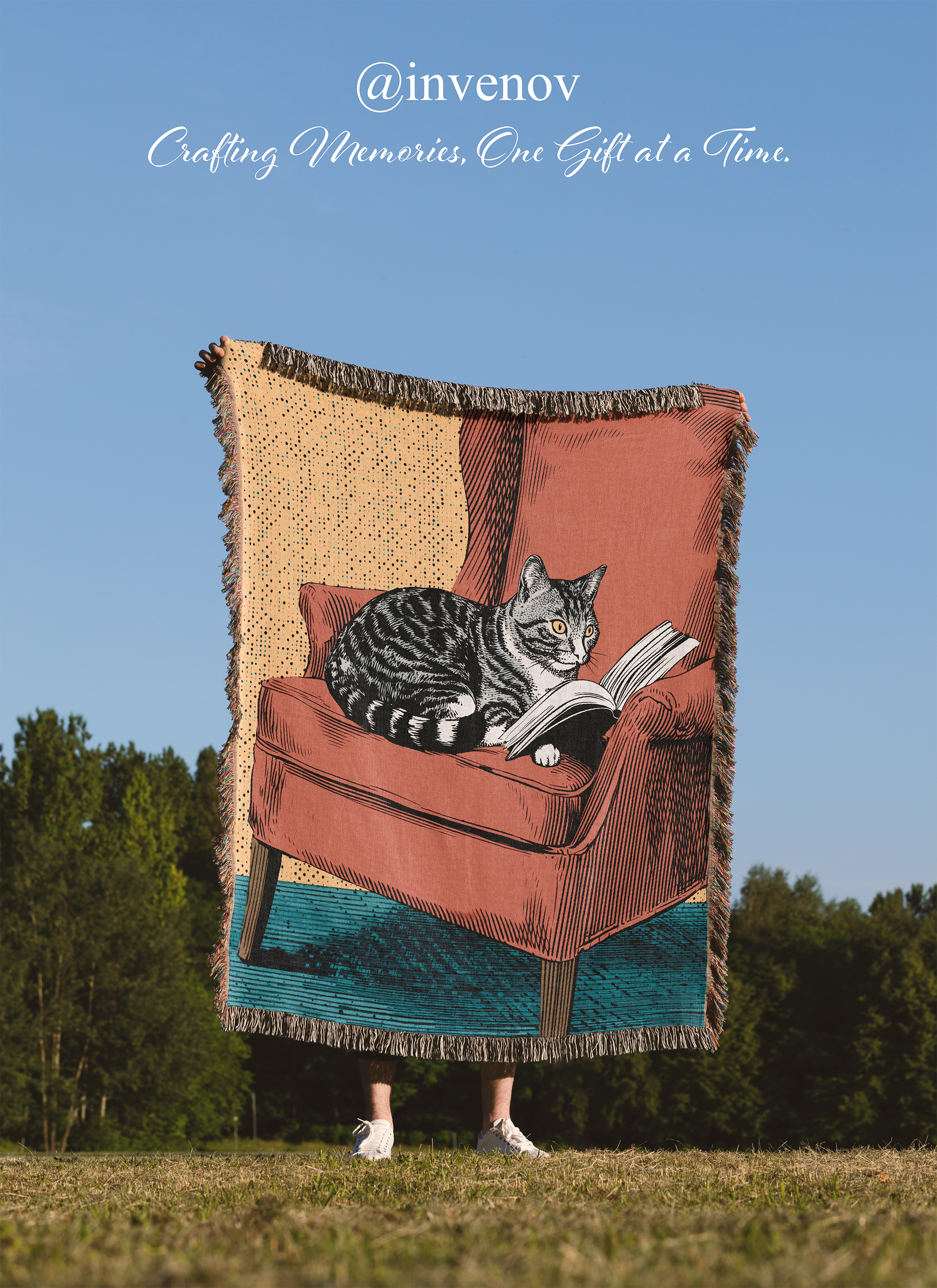 Woven blanket with a cat reading on a couch design, held by a person outdoors.