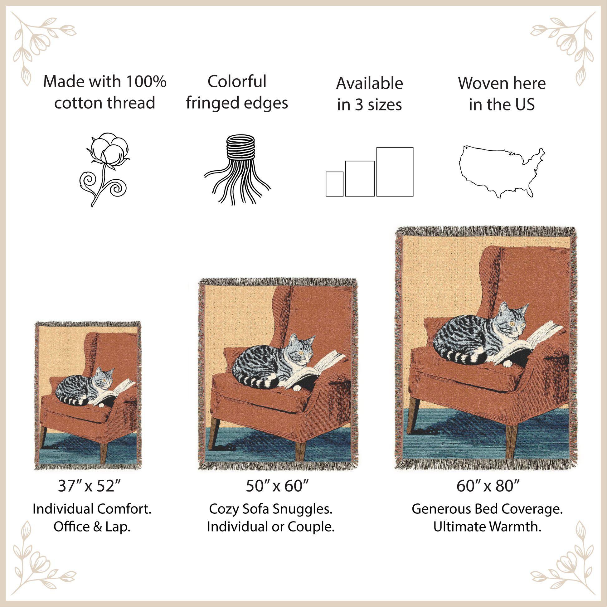  woven blanket with cat illustrations on a beige background with size options and features