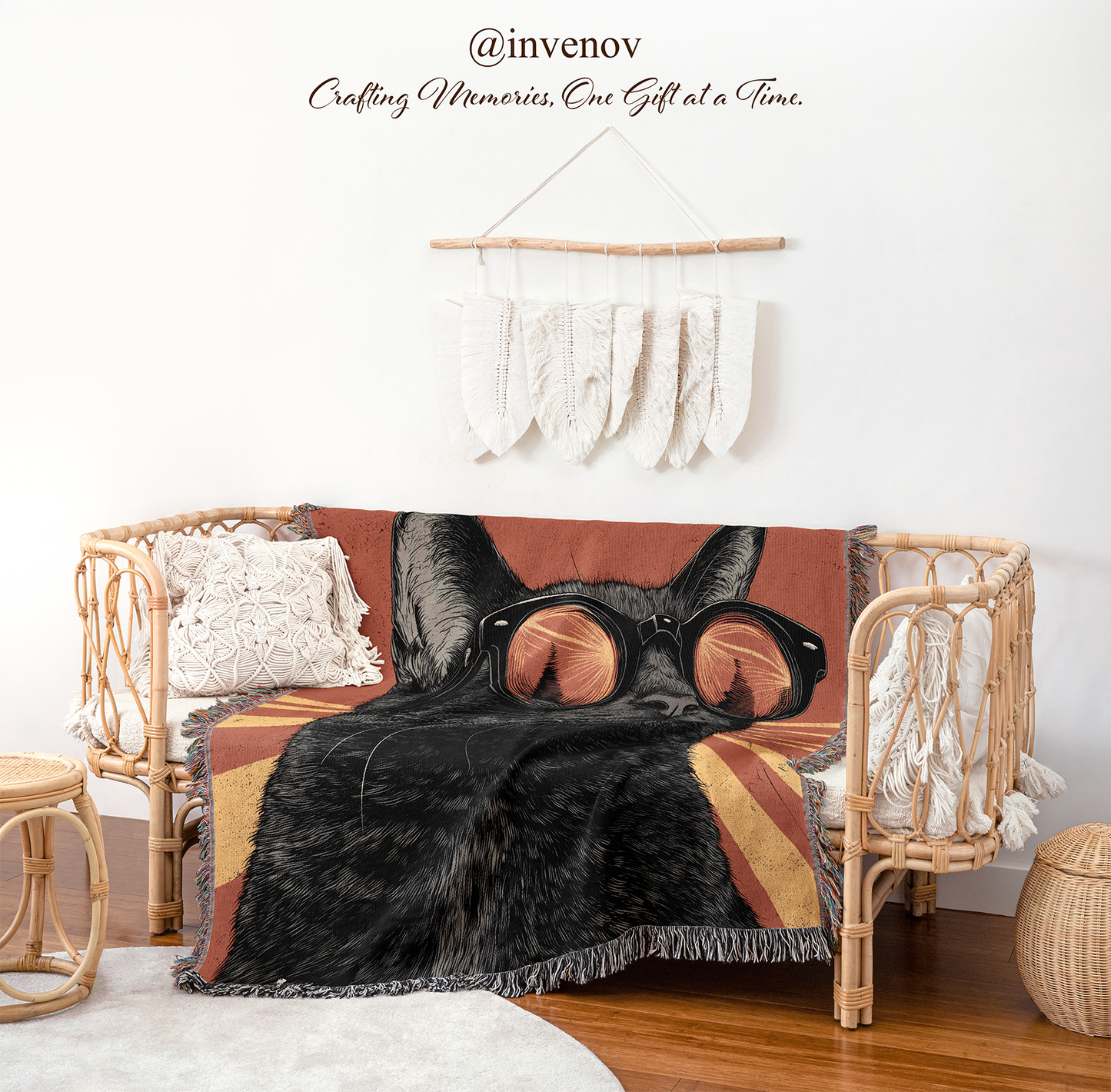 woven blanket with cat graphic