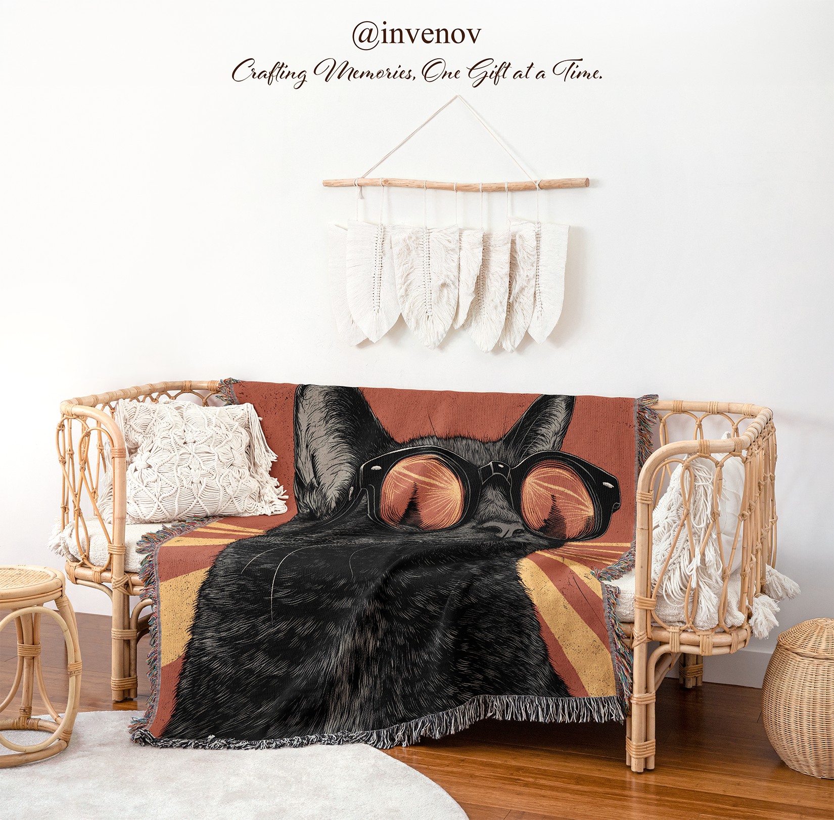 woven blanket with cat graphic