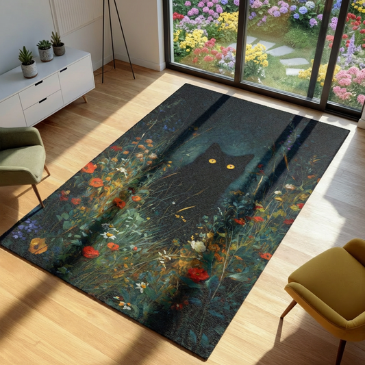 Decorative rug with a cat and floral design in a room with a garden view.