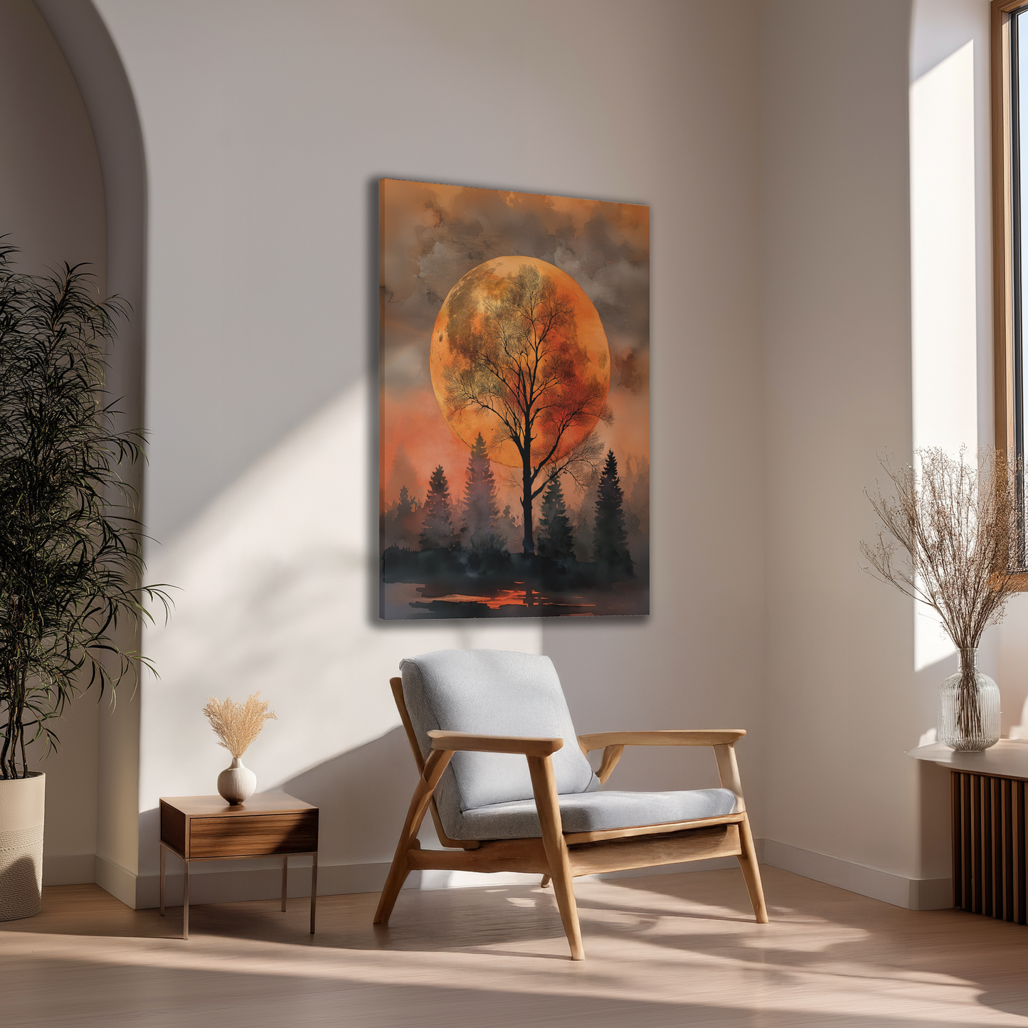 Orange Moon and Tree Landscape Wall Art, Autumn Forest Canvas or Poster Print, Celestial Night Painting for Home or Cabin Decor