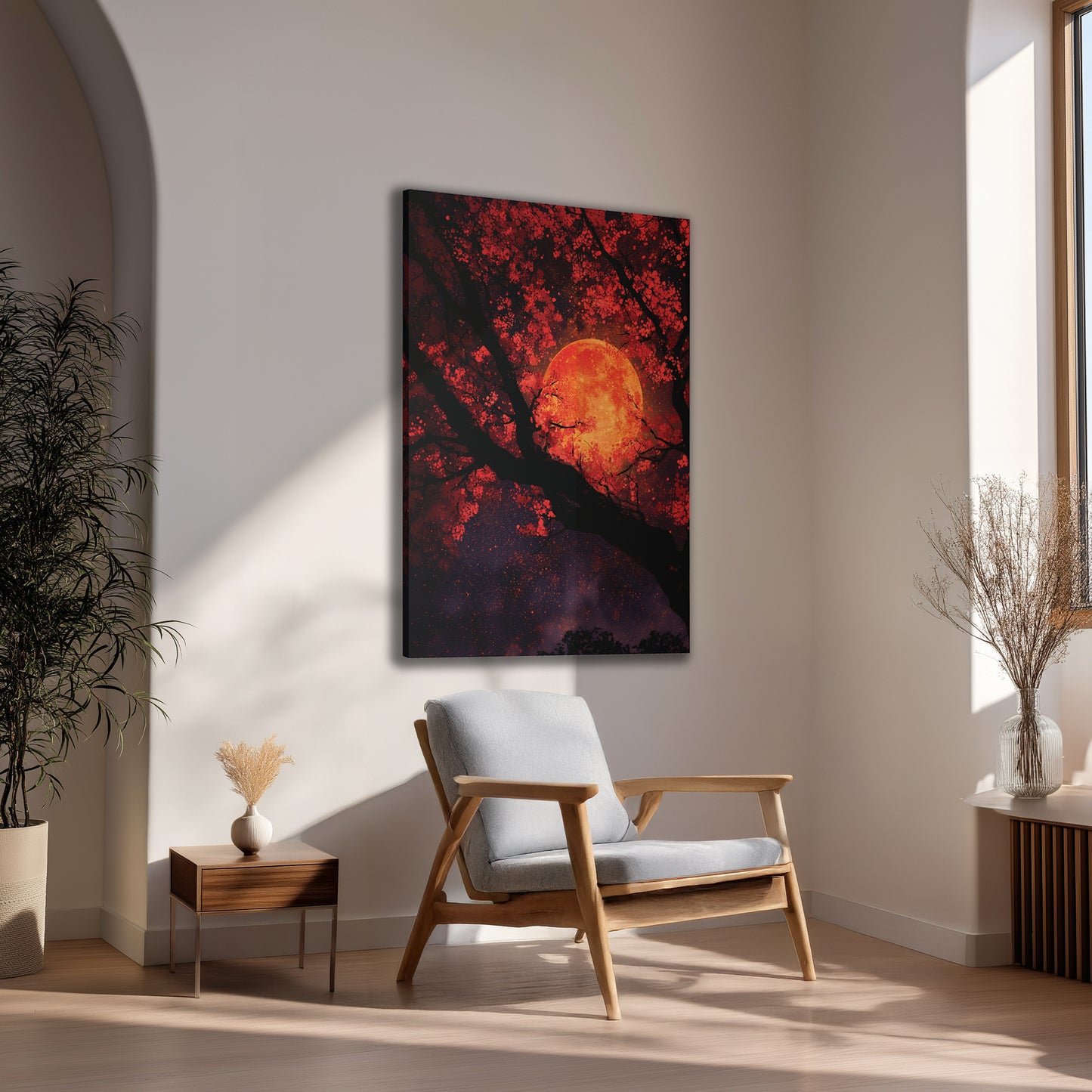 Celestial Red Blood Moon Cherry Blossom Nightscape Canvas or Poster Art Print, Red Moon & Tree Silhouette Wall Decor, Home Decoration