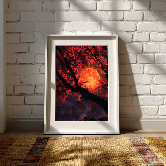 Celestial Red Blood Moon Cherry Blossom Nightscape Canvas or Poster Art Print, Red Moon & Tree Silhouette Wall Decor, Home Decoration