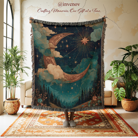 Decorative tapestry with celestial design in a room with plants and furniture.