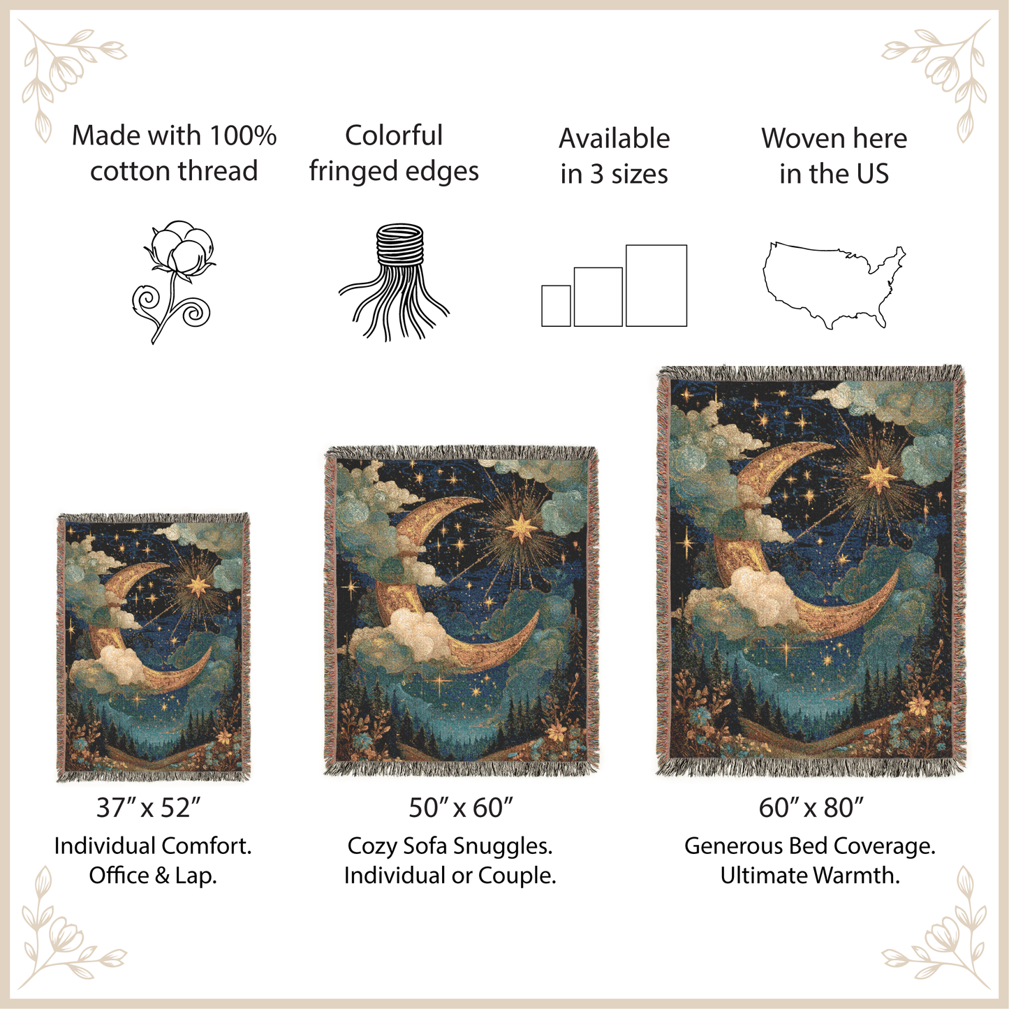 Decorative tapestries with celestial design, sizes, and features listed.