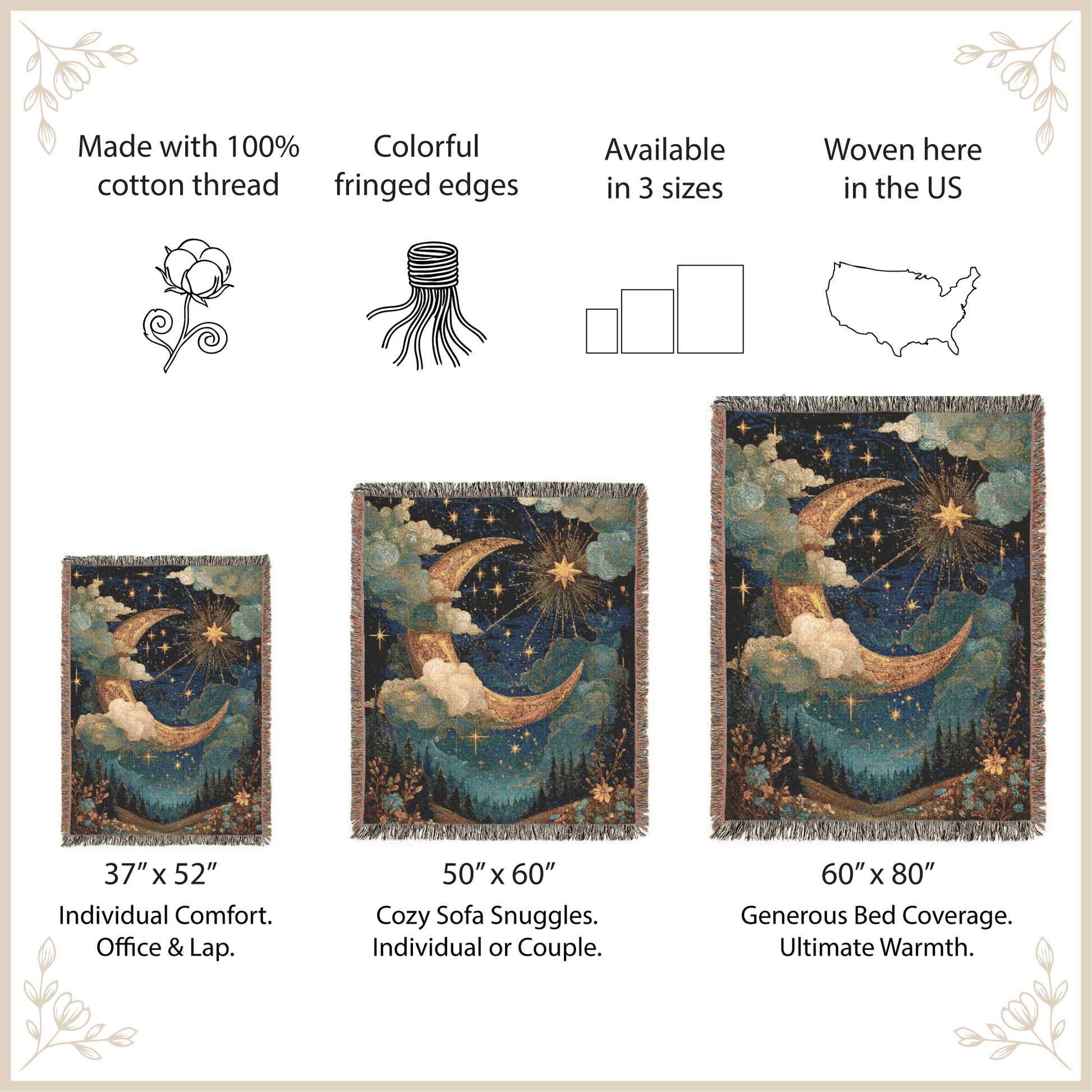 Decorative tapestries with celestial design, sizes, and features listed.