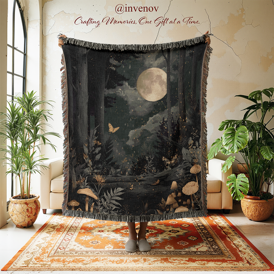 Black tapestry with nature design in a room with plants and furniture.