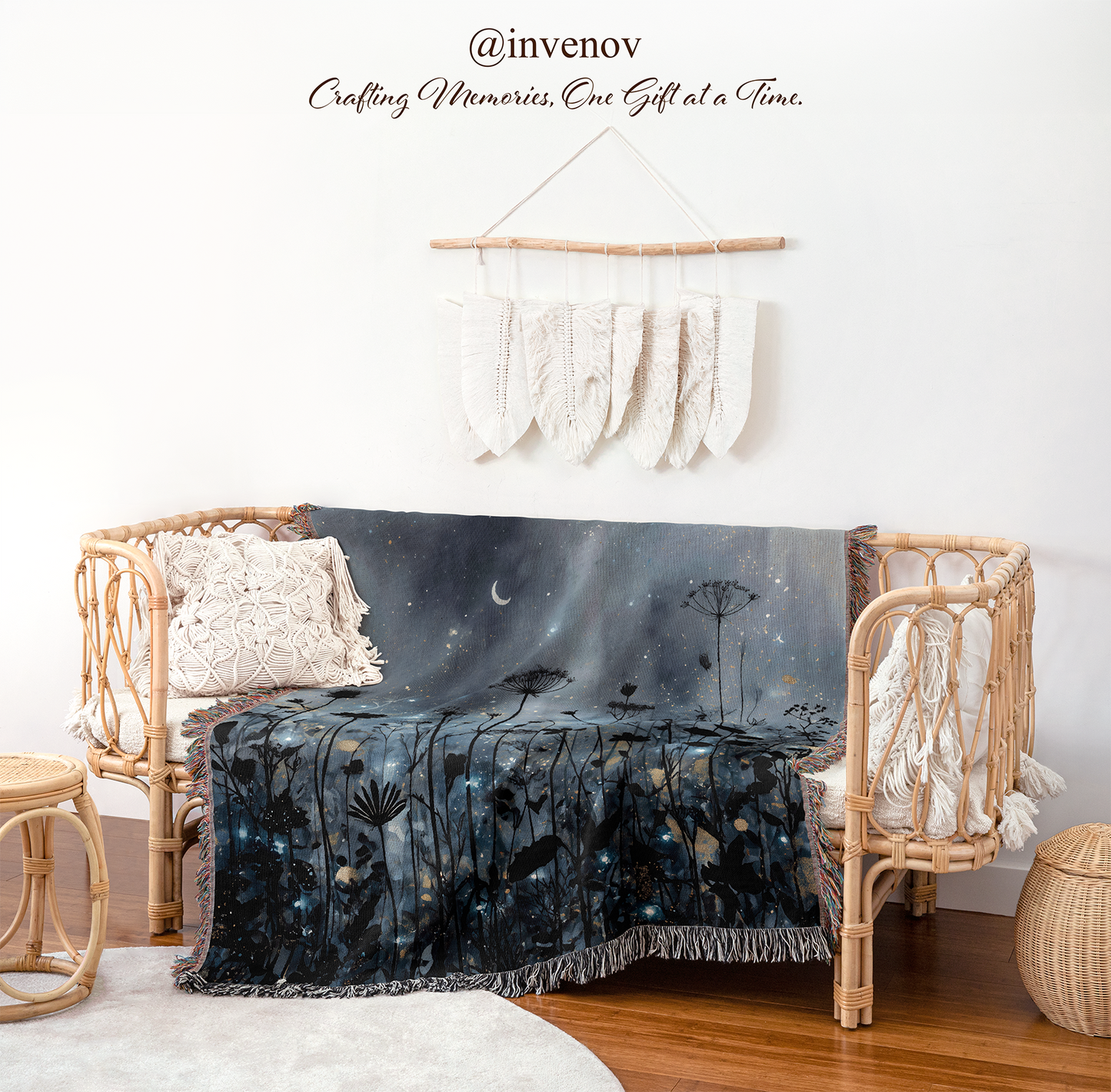 Decorative blanket with nature design draped over a chair in a room setting