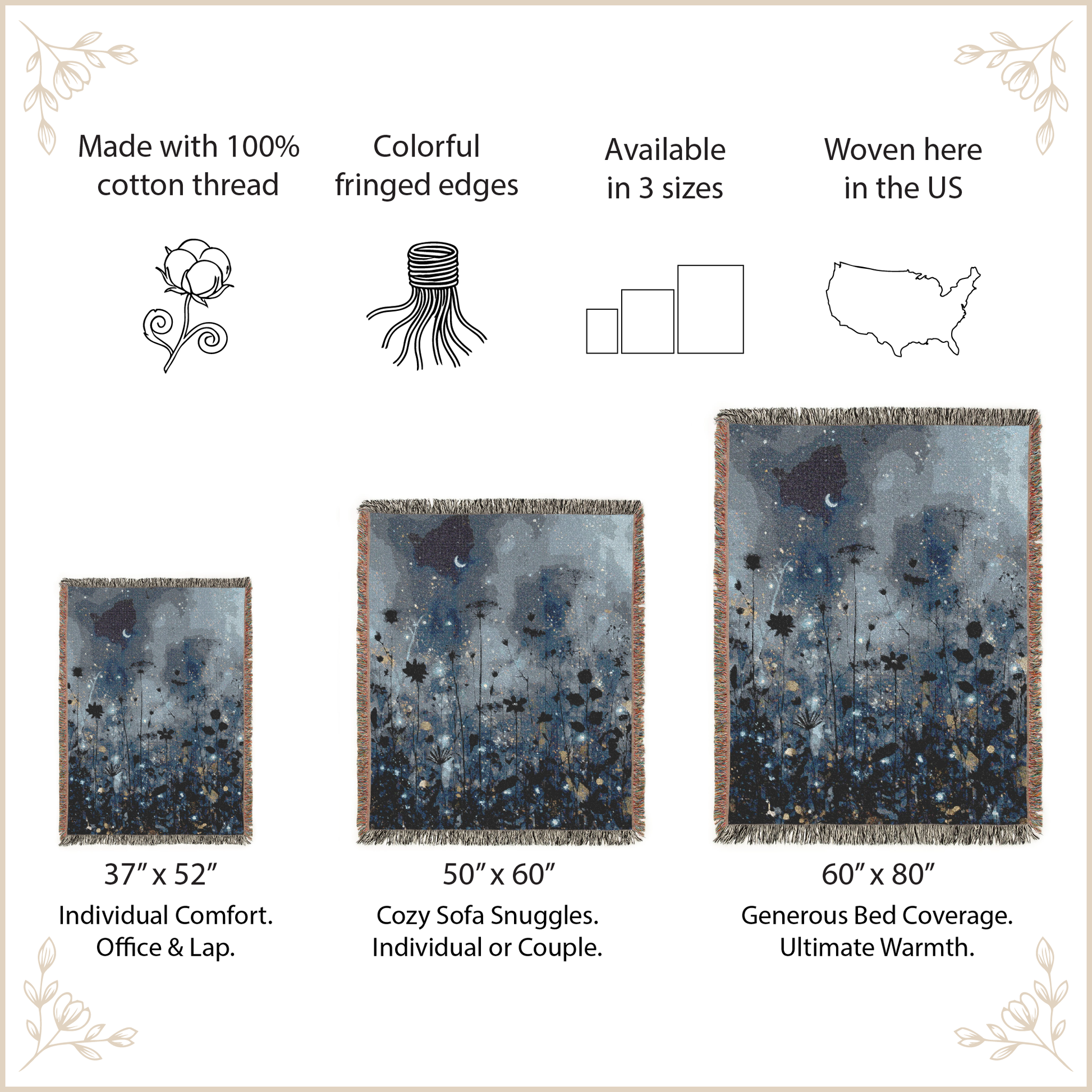 blanket with fringed edges and various sizes on a decorative background