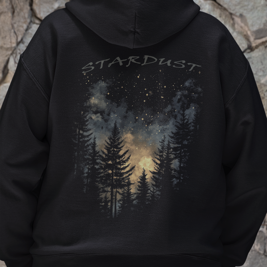 Custom Nighttime Forest Celestial Hoodie, Black Starry Sky Pine Trees Hoodie, Cozy Astronomy Clothing, Nature Lover Gift, Dreamy Artistic