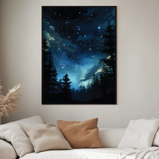 Night Sky Vertical Poster, Starry Forest Scene, Nature Lover Gift, Celestial Star Wall Art, Skyline Illustration Print, Astronomy Decor